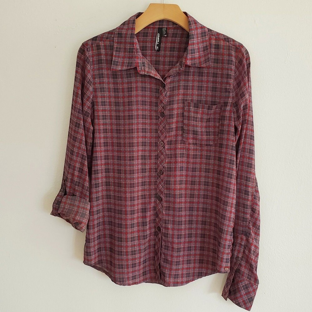 O'Neill Button Up Down Shirt Gray Red Plaid Cotton Blend Long Roll Tab Sleeve